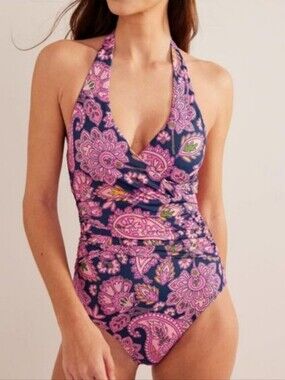 NWOT Boden Levanzo Ruched Halter Navy Paisley Terrace One-piece Swimsuit